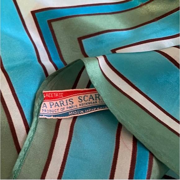 Vintage Paris Neckwear Silk Acetate Geometric Patterned Green and Blue Scarf - Picture 6 of 6